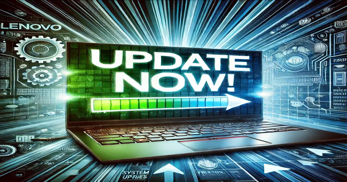 Lenovo System Update thumbnail with a glowing laptop, progress bar, and 'Update Now